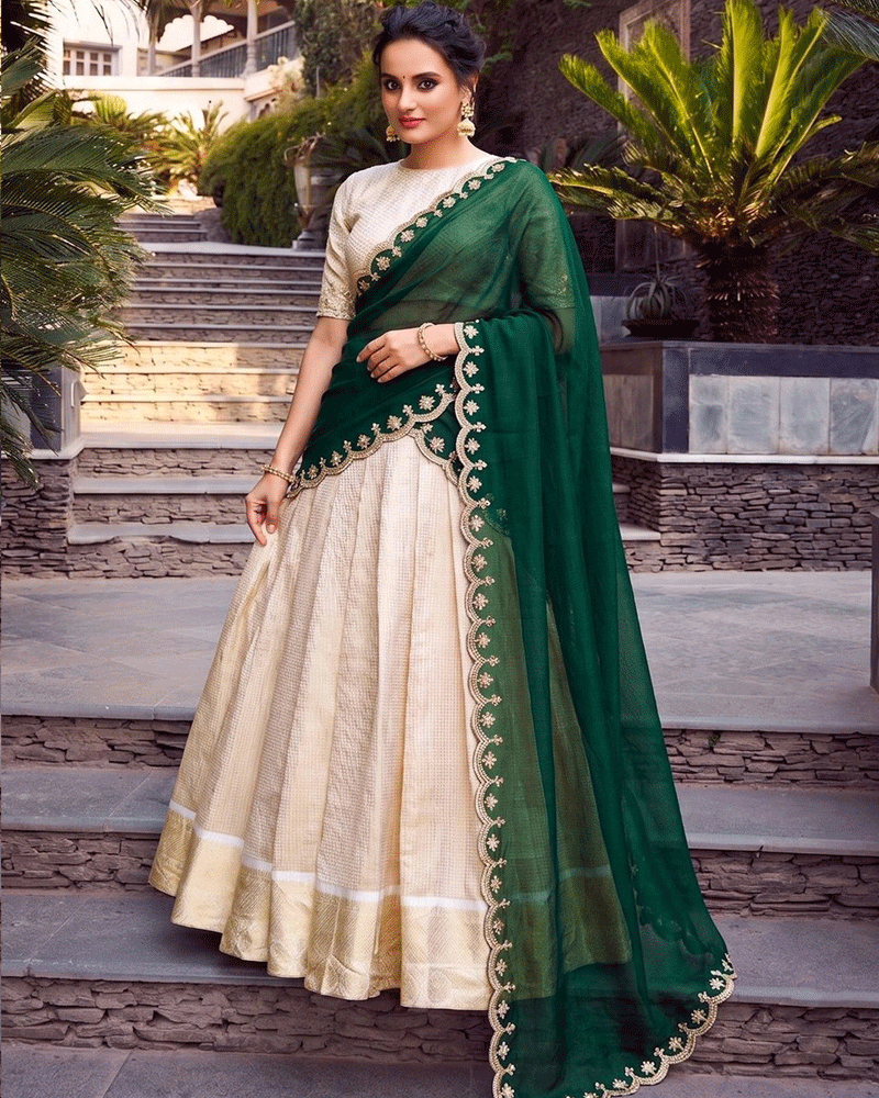 Green Color Crafted Jacquard Chex Half Saree