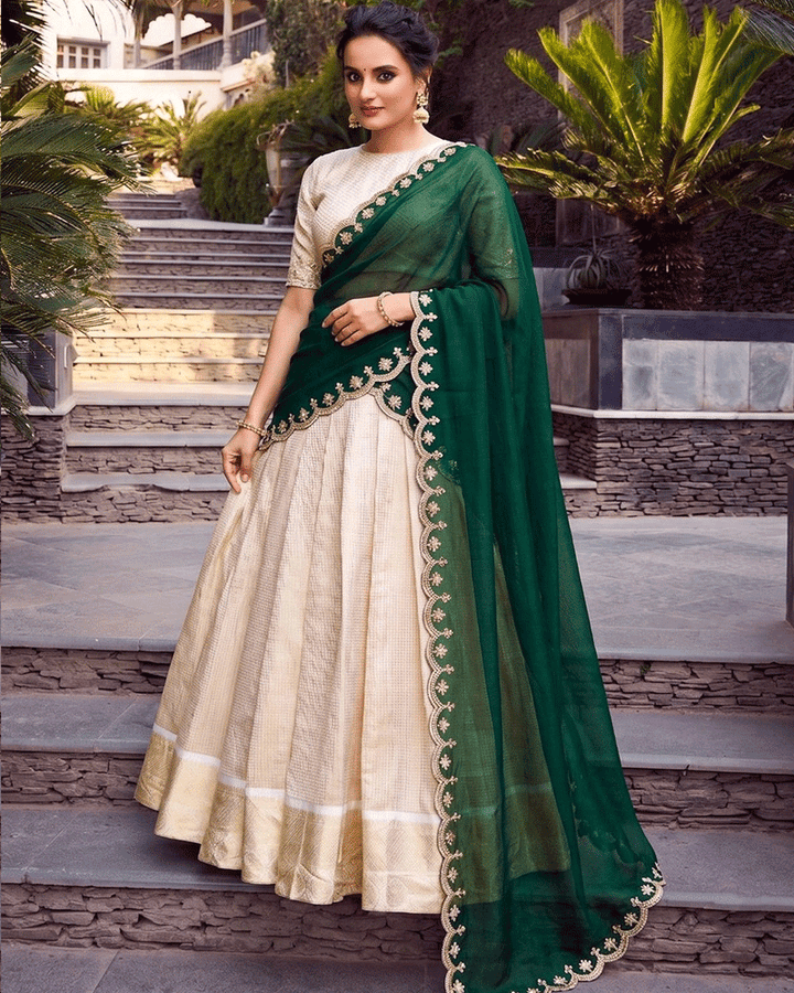 Green Color Crafted Jacquard Chex Half Saree
