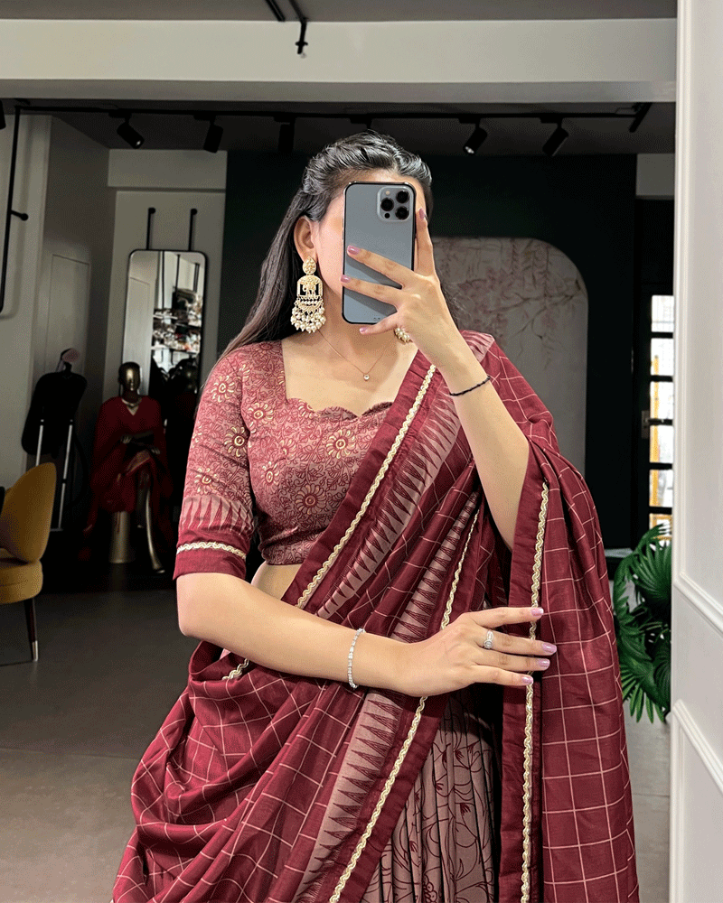 Maroon Color Kalamkari Printed Flared Lehenga Choli Set