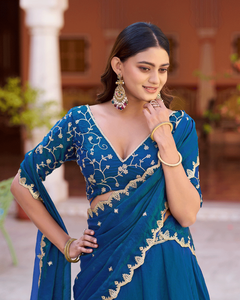 Peacock Blue Color Embroidered Embellished Lehenga Choli