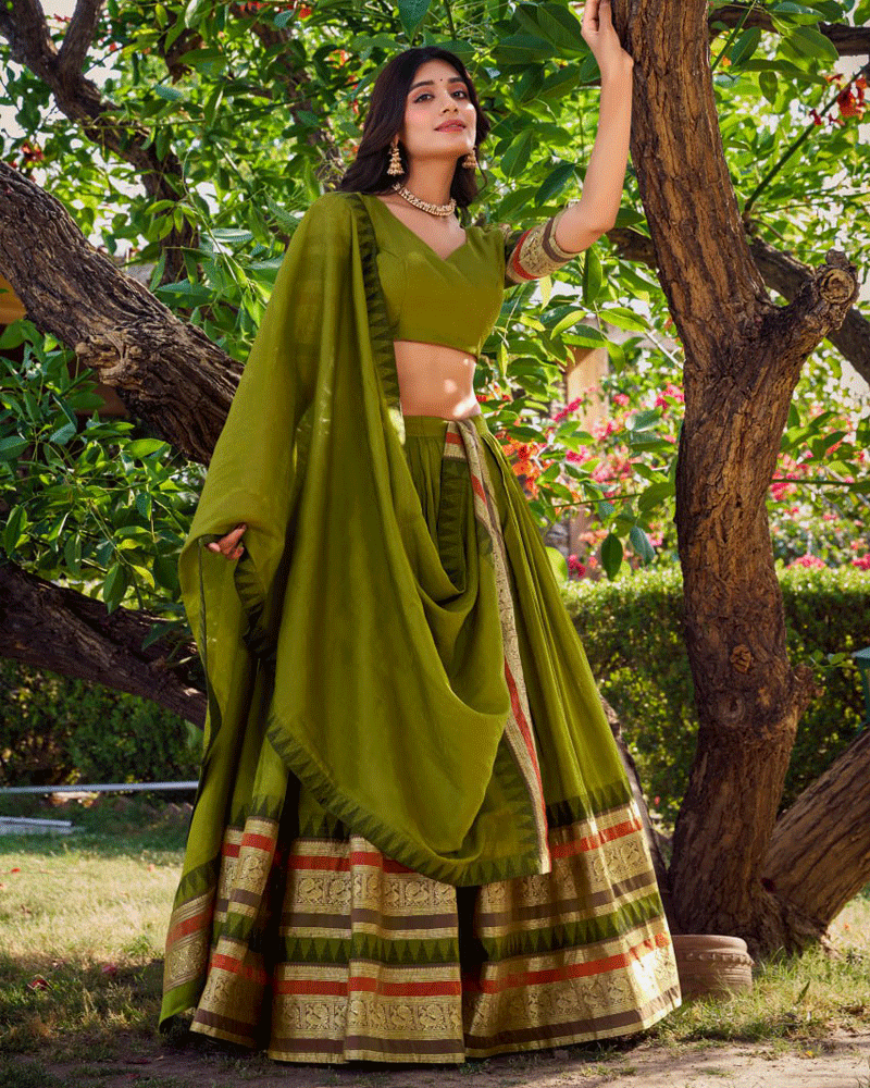 Traditional Mehndi Color Pure Chanderi Lehenga Choli