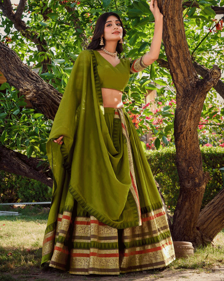 Traditional Mehndi Color Pure Chanderi Lehenga Choli