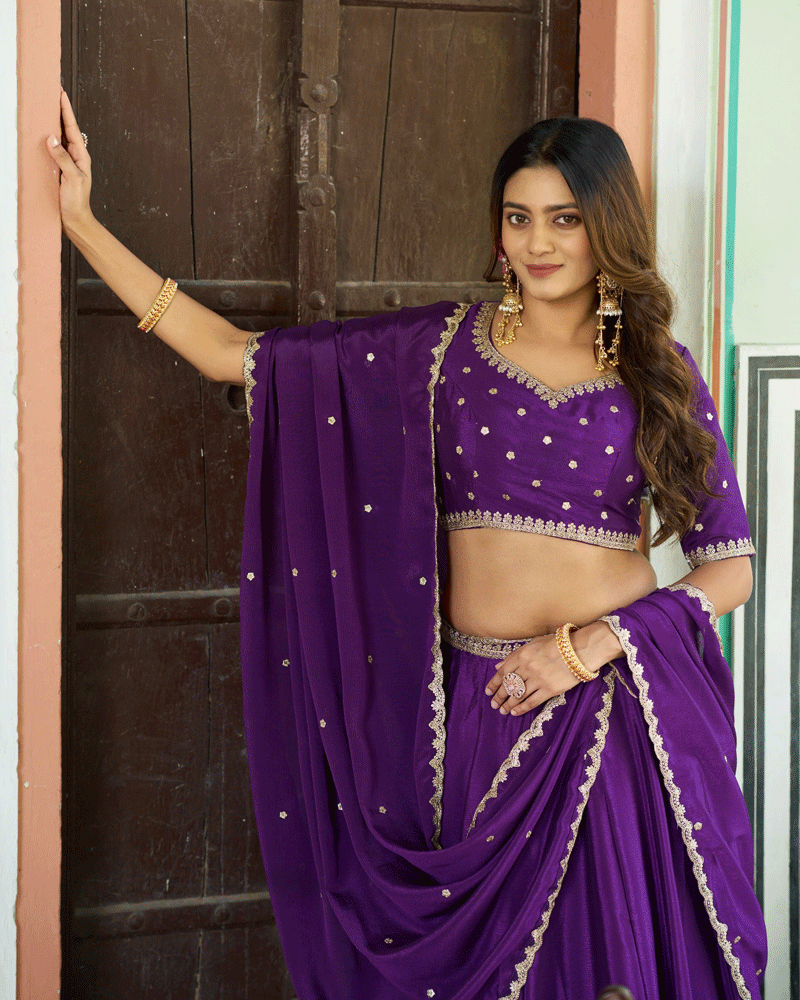 Purple Color Chinon Silk Embroidered Glamorous Lehenga Choli