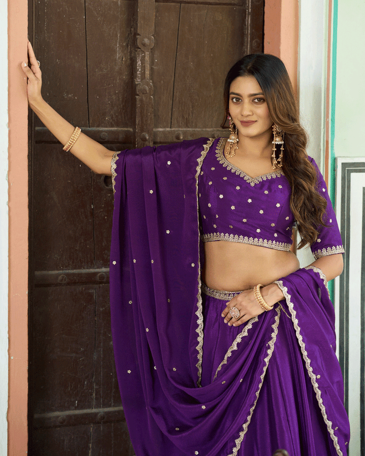 Purple Color Chinon Silk Embroidered Glamorous Lehenga Choli