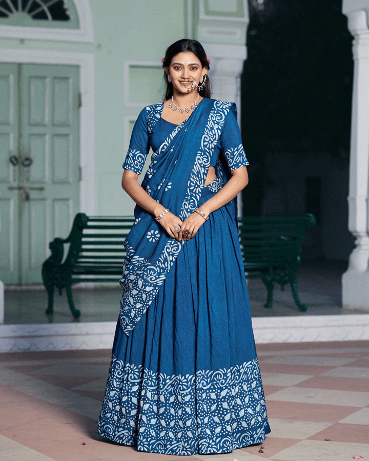 Navy Blue Color Cotton Chanderi Traditional Lehenga Set