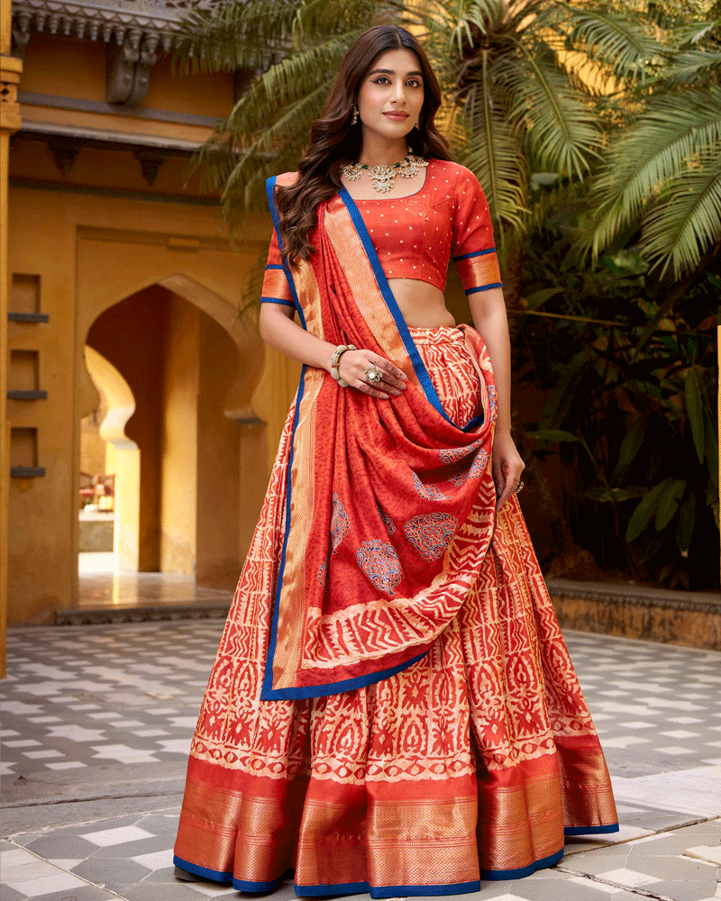 Rust Orange Color Ethnic Batik Printed Lehenga Set