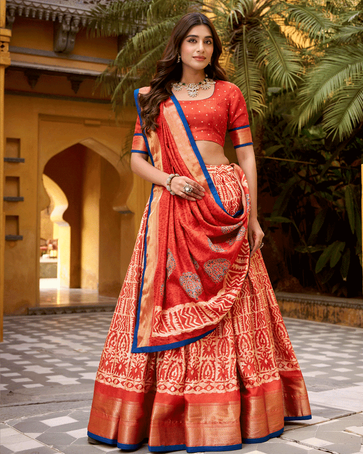 Rust Orange Color Ethnic Batik Printed Lehenga Set