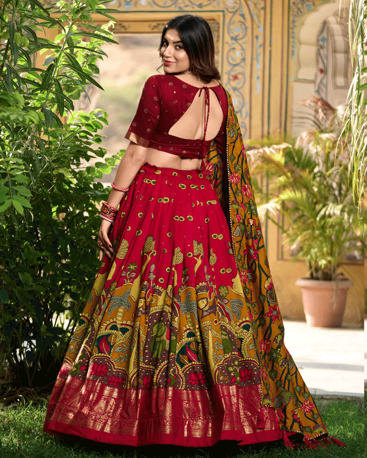 Red Color Tasar Silk Printed Lehenga Choli