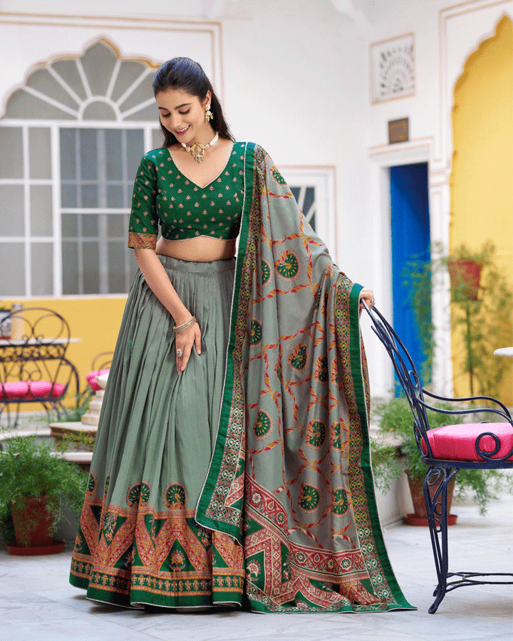 Designer Green Color Tasar Silk Printed Lehenga Choli