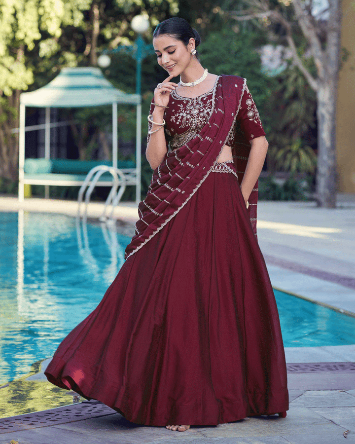 Embellished Maroon Color Rangoli Crush Lehenga Choli
