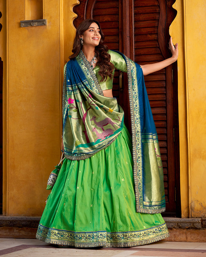 Designer Parrot Green Soft Paithani Silk Lehenga Choli