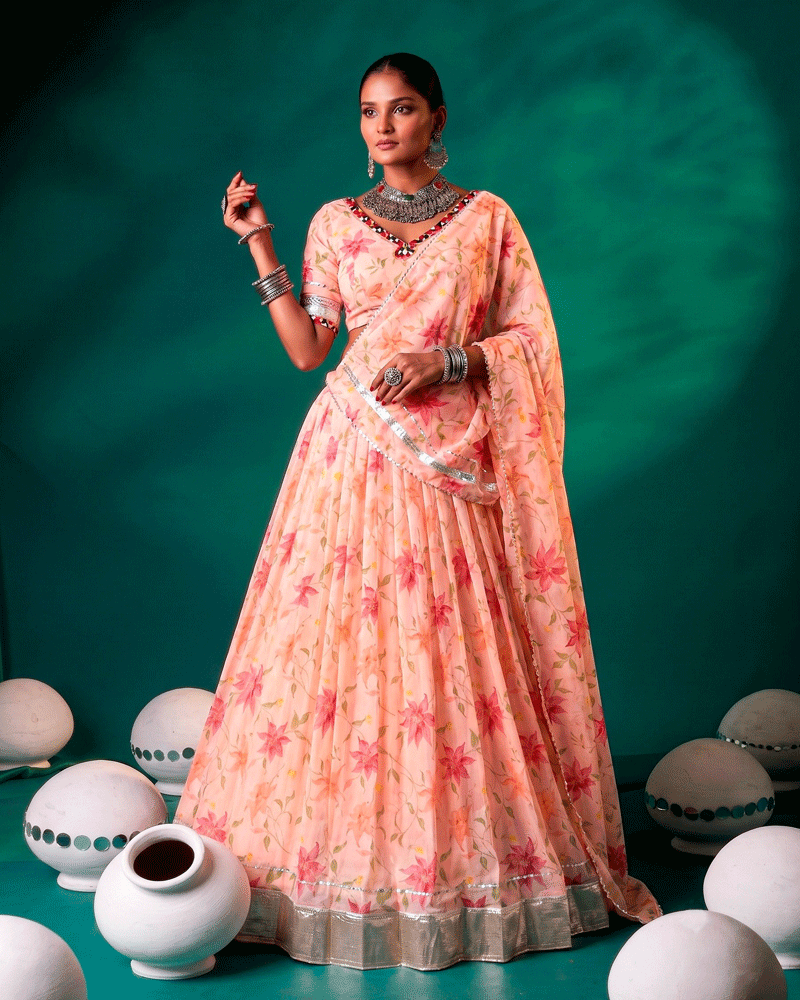 Peach Color Floral Printed Designer Lehenga Set