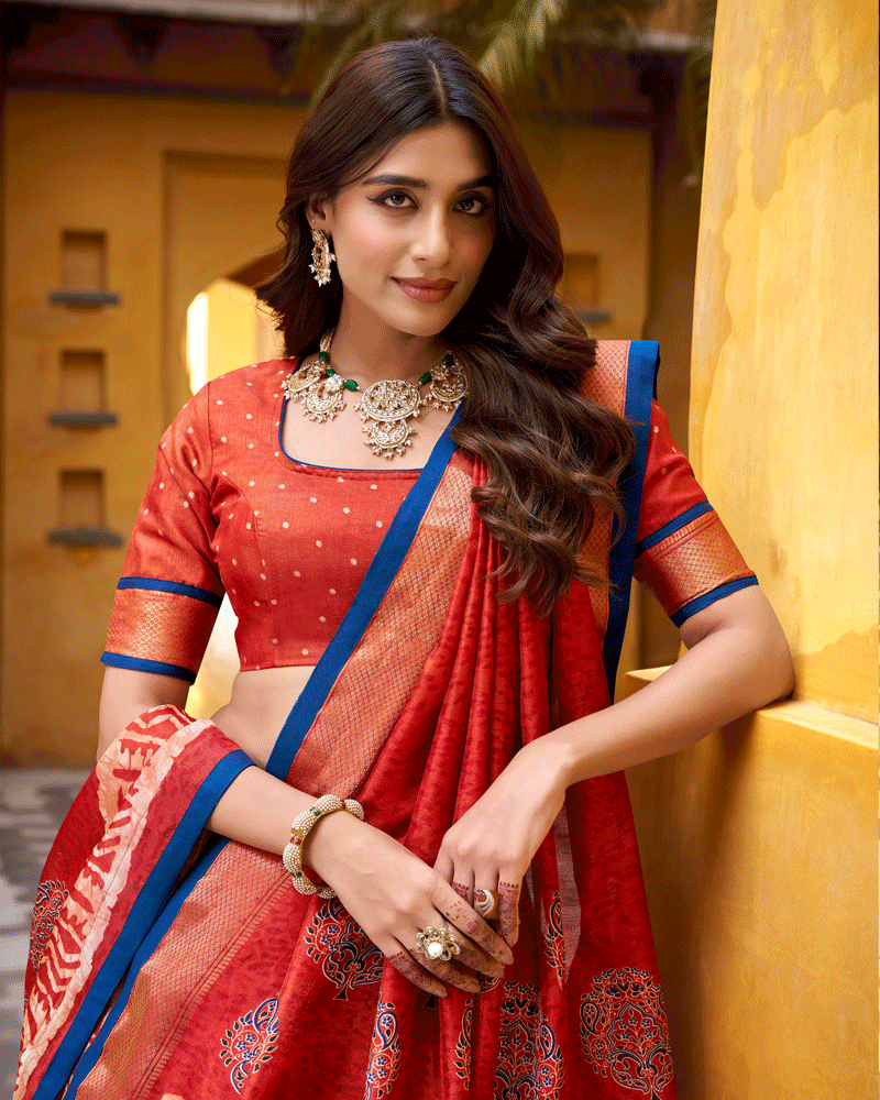 Rust Orange Color Ethnic Batik Printed Lehenga Set