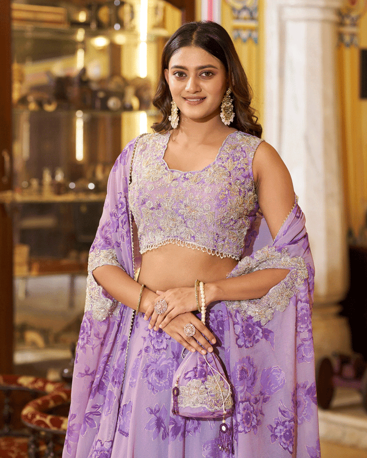 Luvender Georgette Embroidered Lehenga Choli
