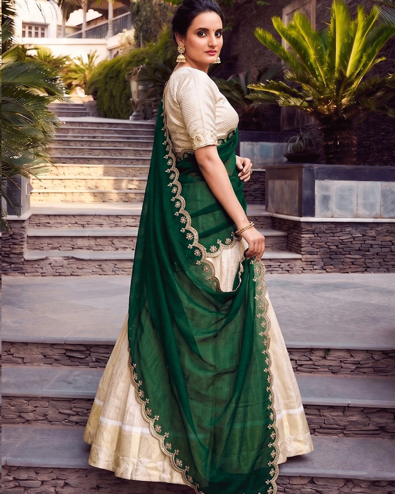 Green Color Crafted Jacquard Chex Half Saree