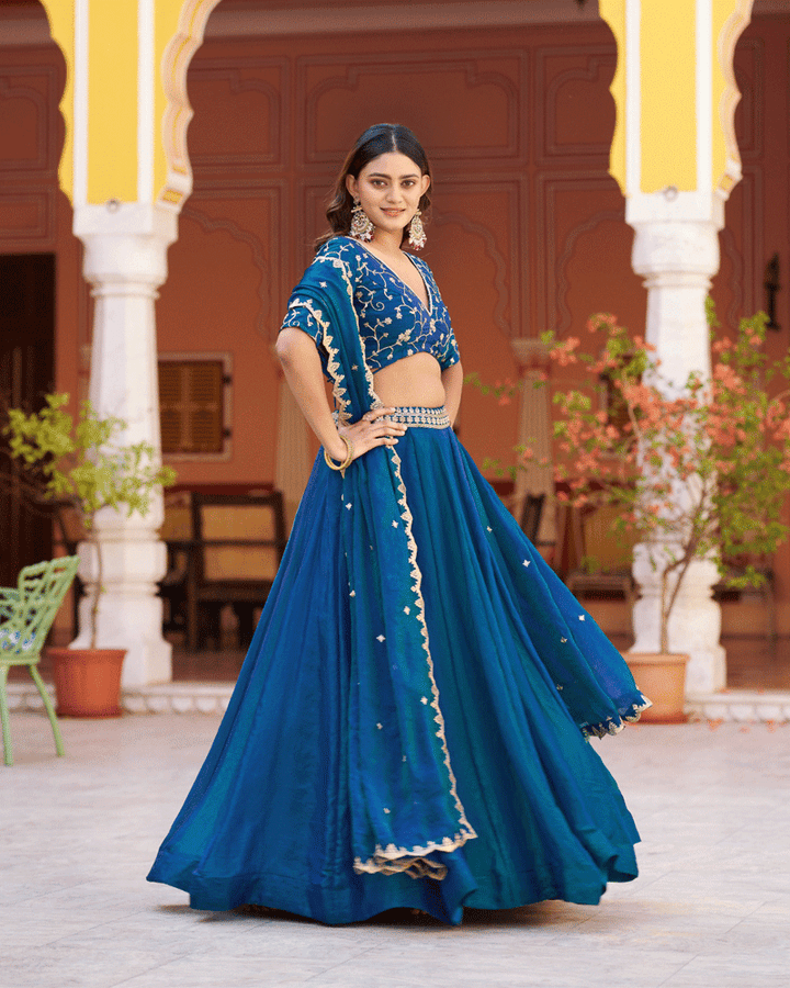 Peacock Blue Color Embroidered Embellished Lehenga Choli