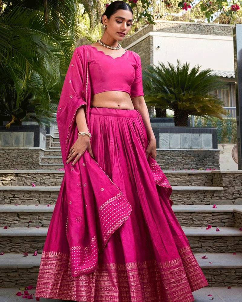 Vibrant Pink Color Pure Chanderi Lehenga Choli