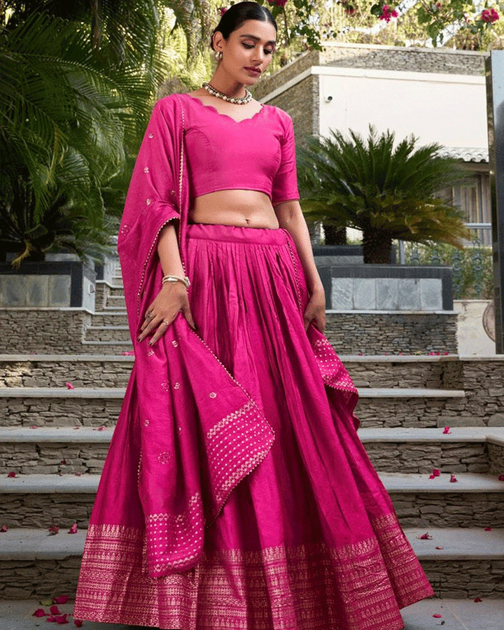 Vibrant Pink Color Pure Chanderi Lehenga Choli