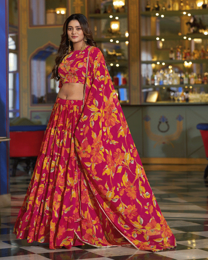 Designer Pink Floral Printed Marble Lehenga Choli