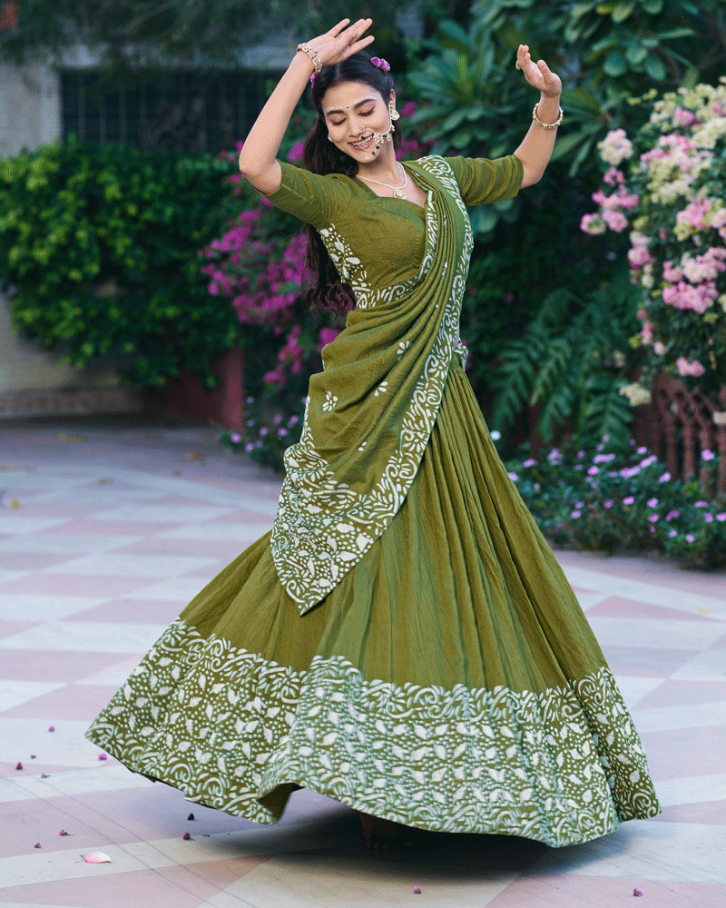 Green Color Cotton Chanderi Traditional Lehenga Set