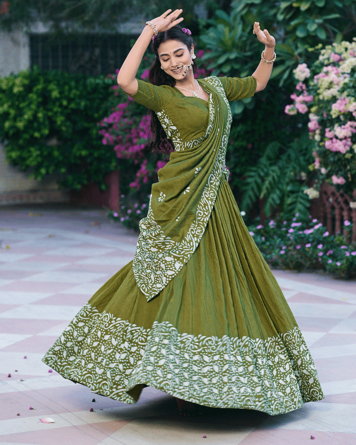 Green Color Cotton Chanderi Traditional Lehenga Set