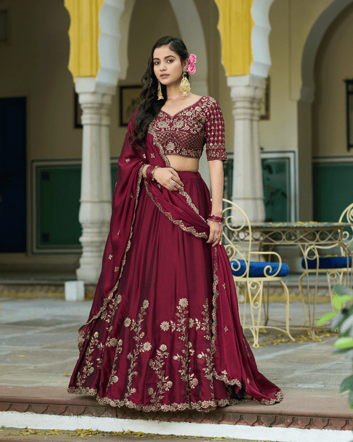 Dark Maroon Floral Embroidered Rangoli Silk Lehenga Choli