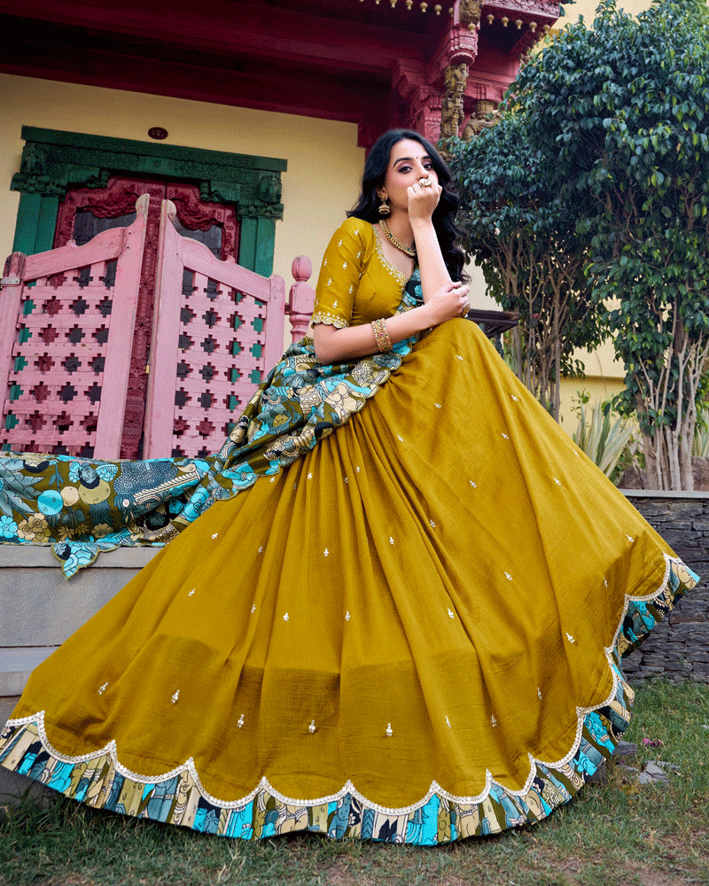 Mustard Vichitra Silk Embroidered Lehenga Choli Set