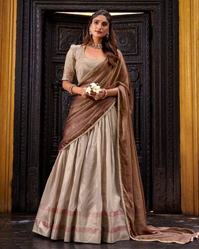 Graceful Cream Color Dupion Silk Half Saree