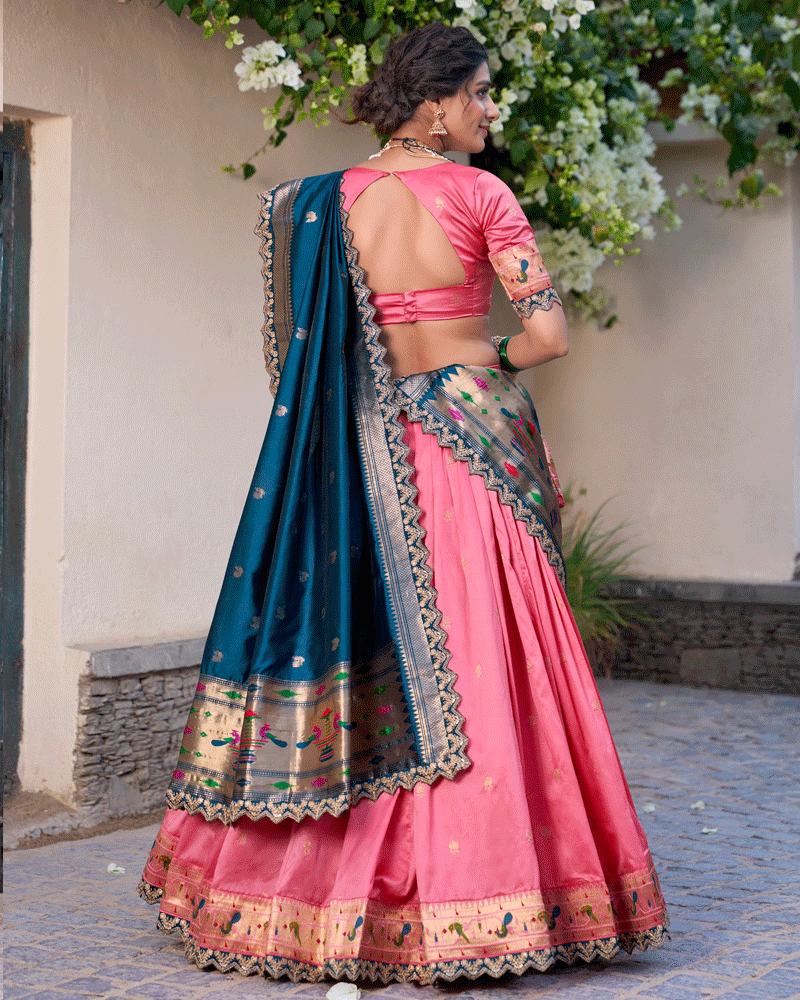 Light Pink Embroidered Jacquard Paithani Silk Lehenga Choli