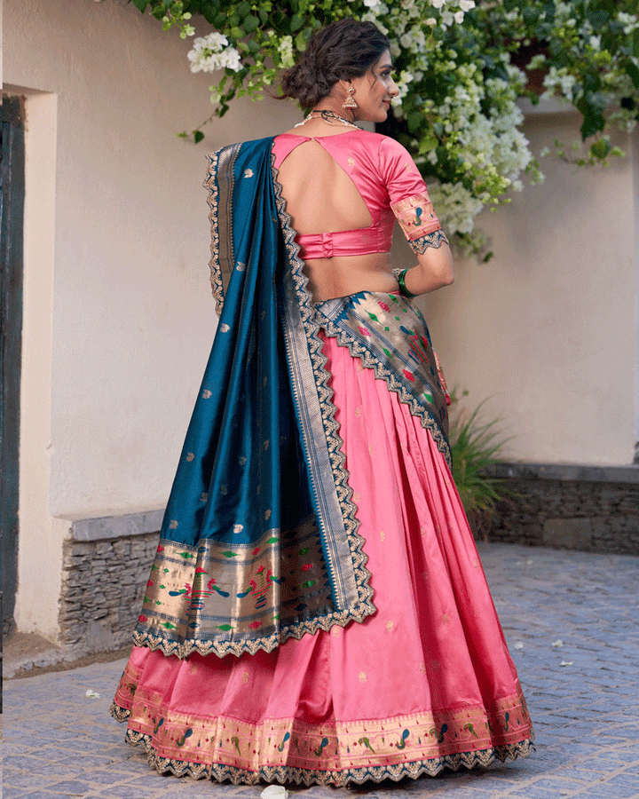 Light Pink Embroidered Jacquard Paithani Silk Lehenga Choli