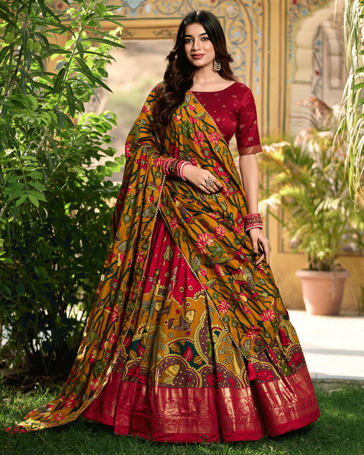 Red Color Tasar Silk Printed Lehenga Choli