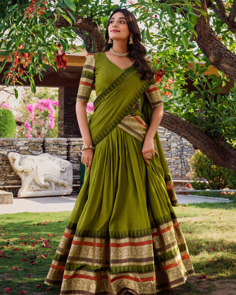 Traditional Mehndi Color Pure Chanderi Lehenga Choli