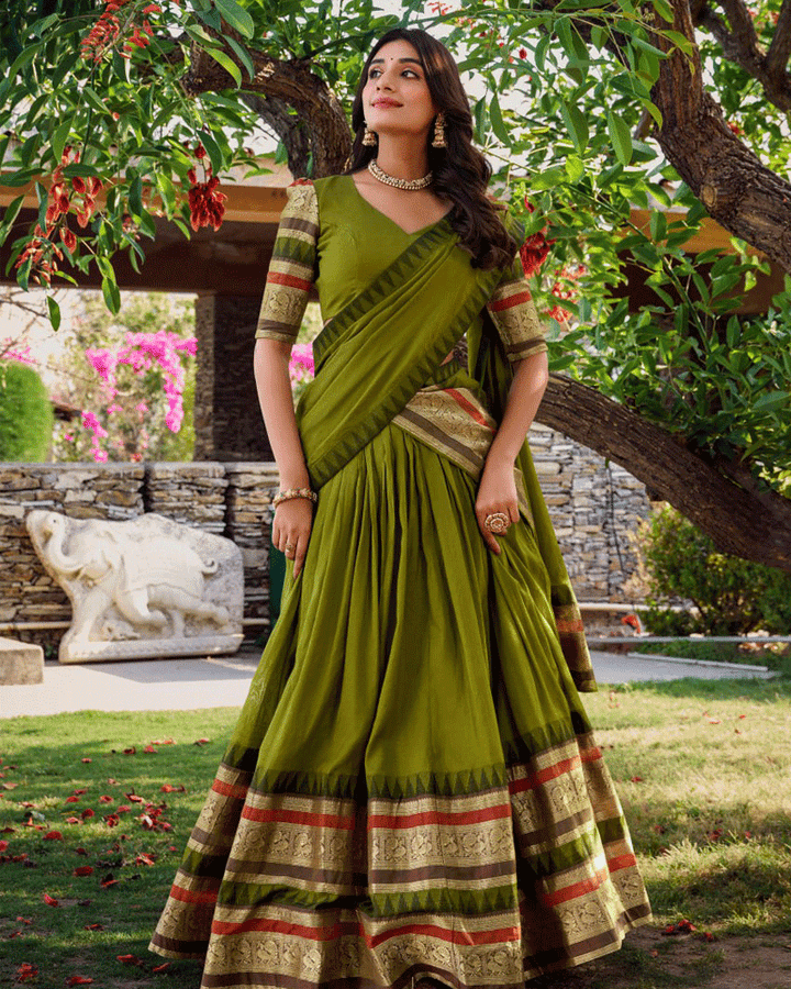 Traditional Mehndi Color Pure Chanderi Lehenga Choli