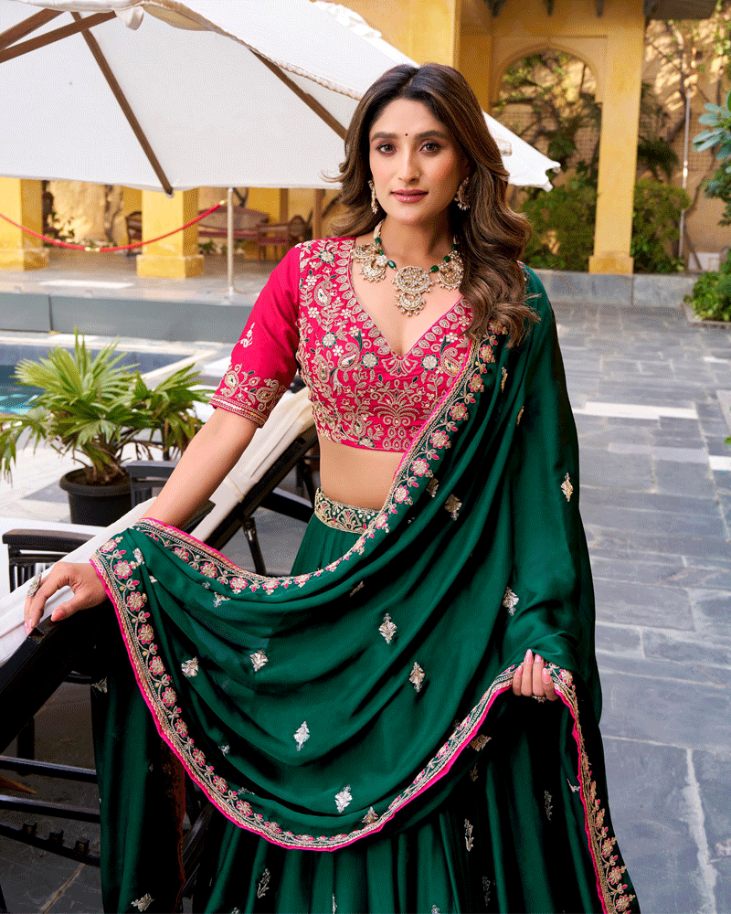 Peacock Green Color Silk Satin Embroidered Lehenga Choli