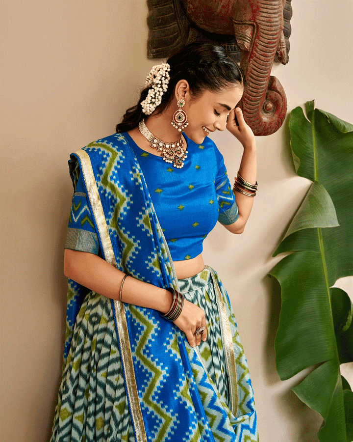 Elegant Sky Blue Color Tasar Silk Printed Lehenga Choli