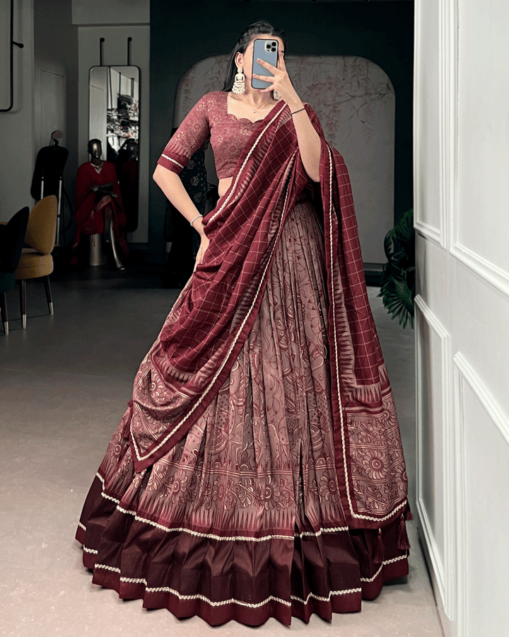 Maroon Color Kalamkari Printed Flared Lehenga Choli Set
