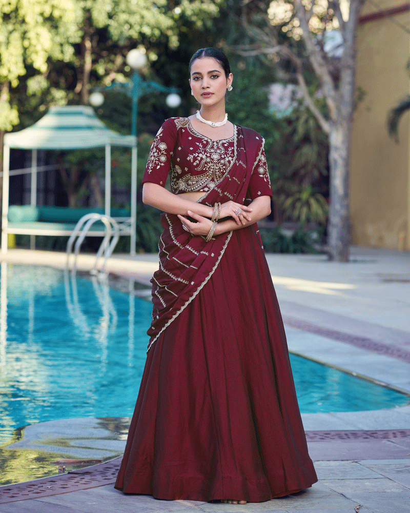 Embellished Maroon Color Rangoli Crush Lehenga Choli