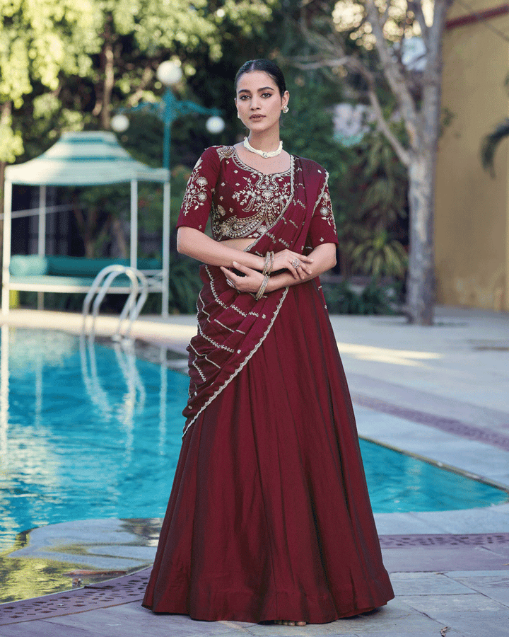 Embellished Maroon Color Rangoli Crush Lehenga Choli