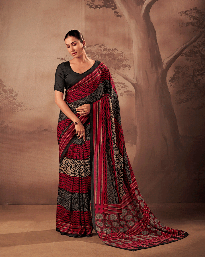 Designer Red Color Geometric Printed Saree