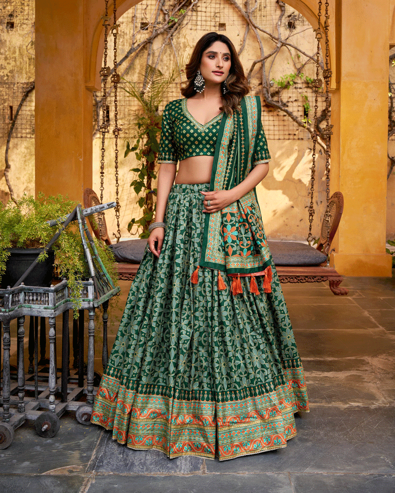Green Color Sparkle Printed Silk Lehenga Choli