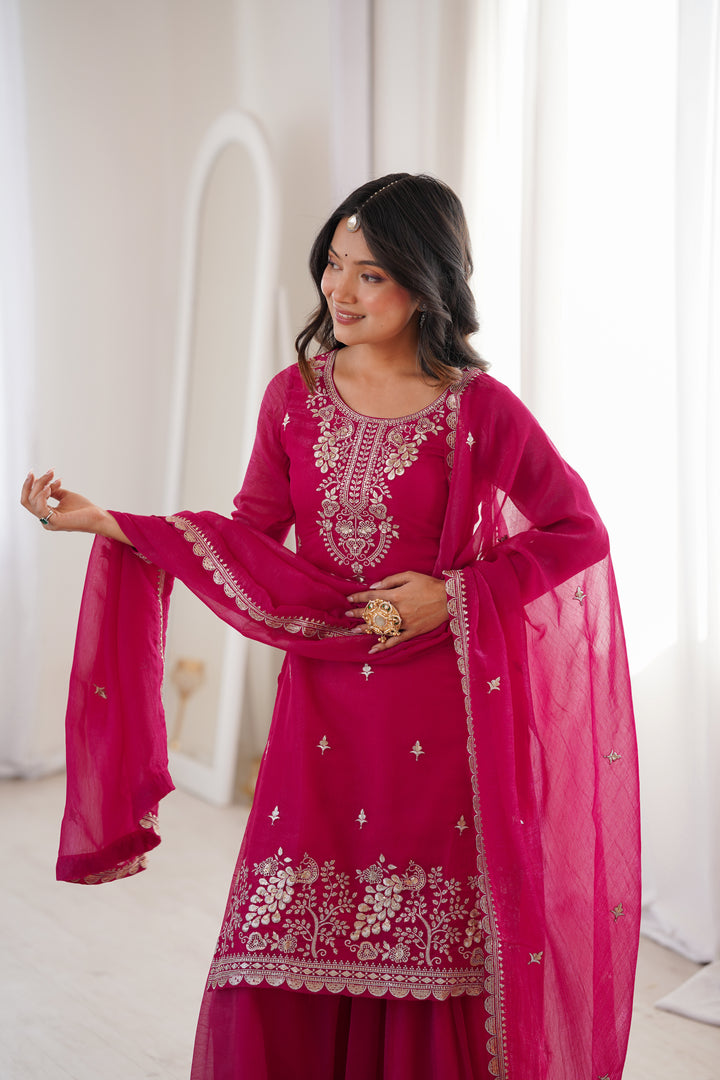 Rani Pink Silver Embroidered Silk Sharara Suit
