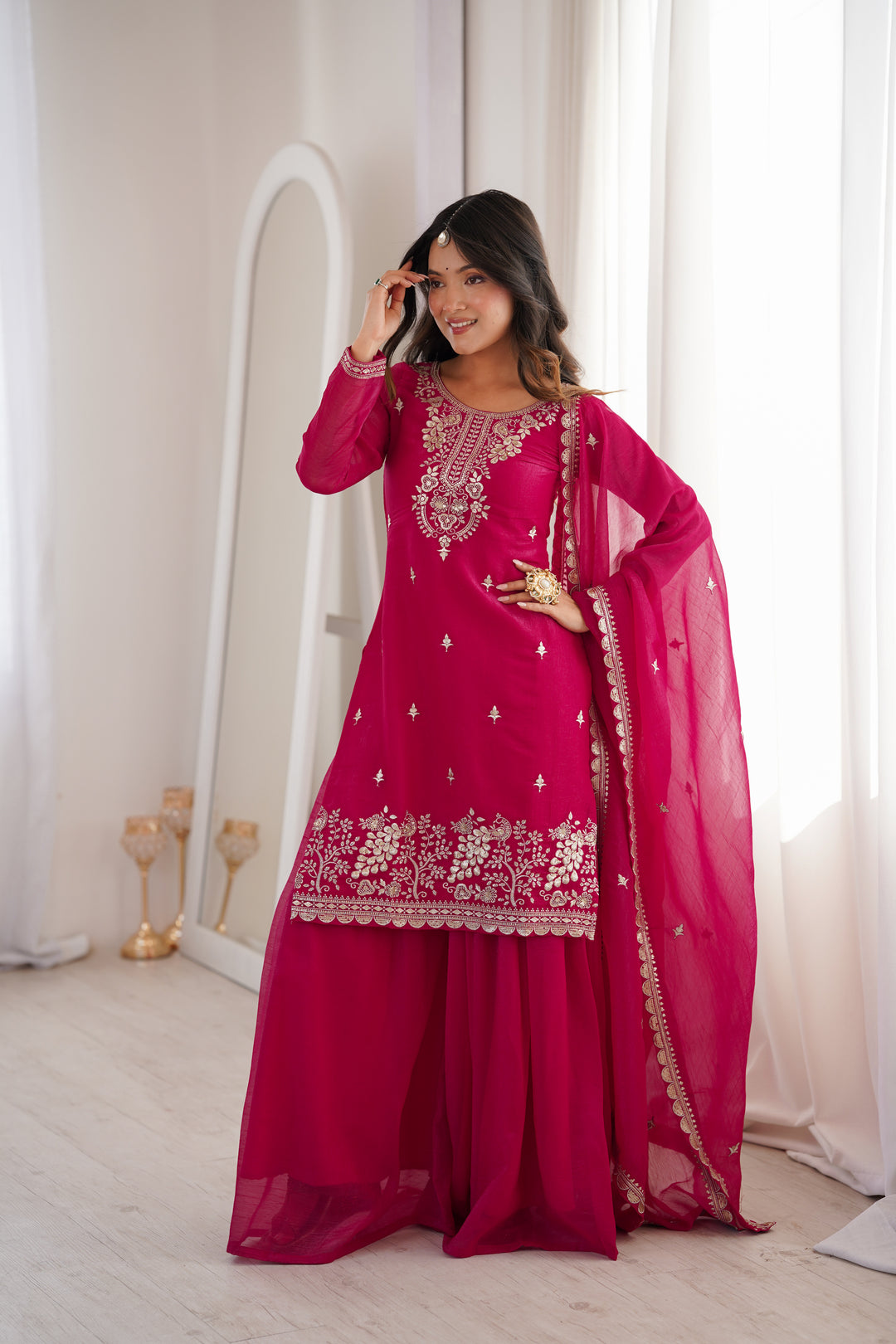Rani Pink Silver Embroidered Silk Sharara Suit