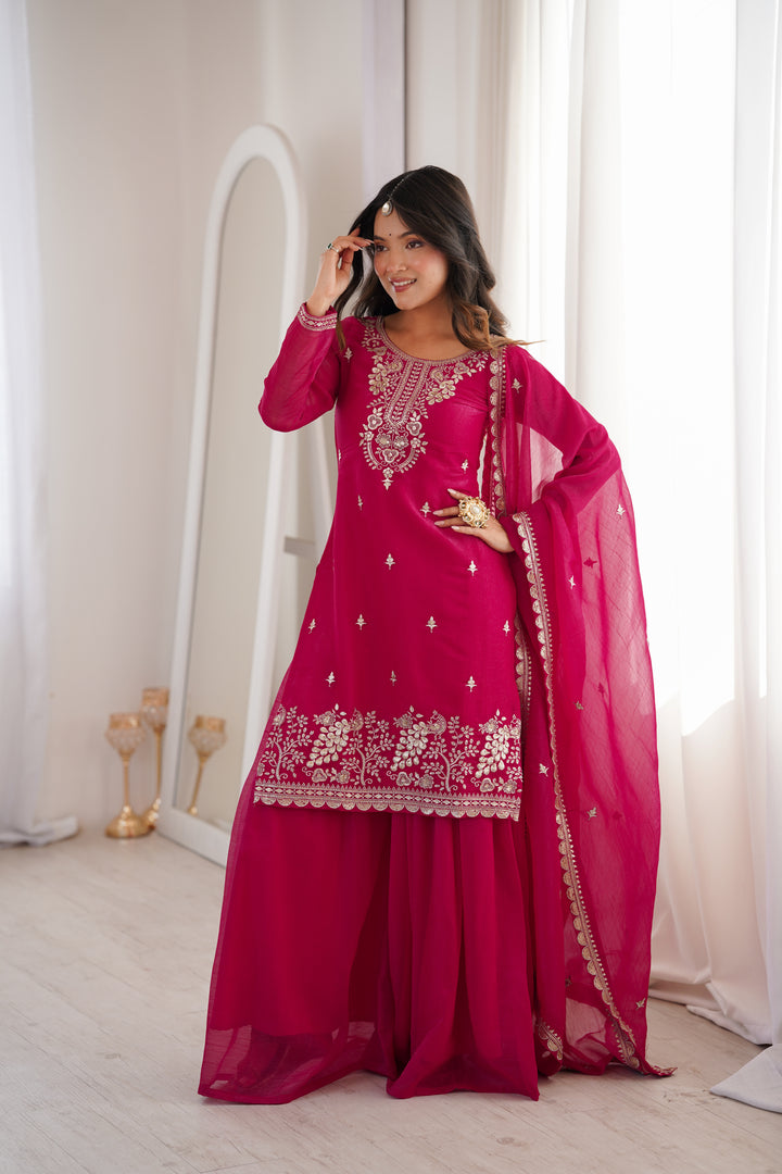 Rani Pink Silver Embroidered Silk Sharara Suit