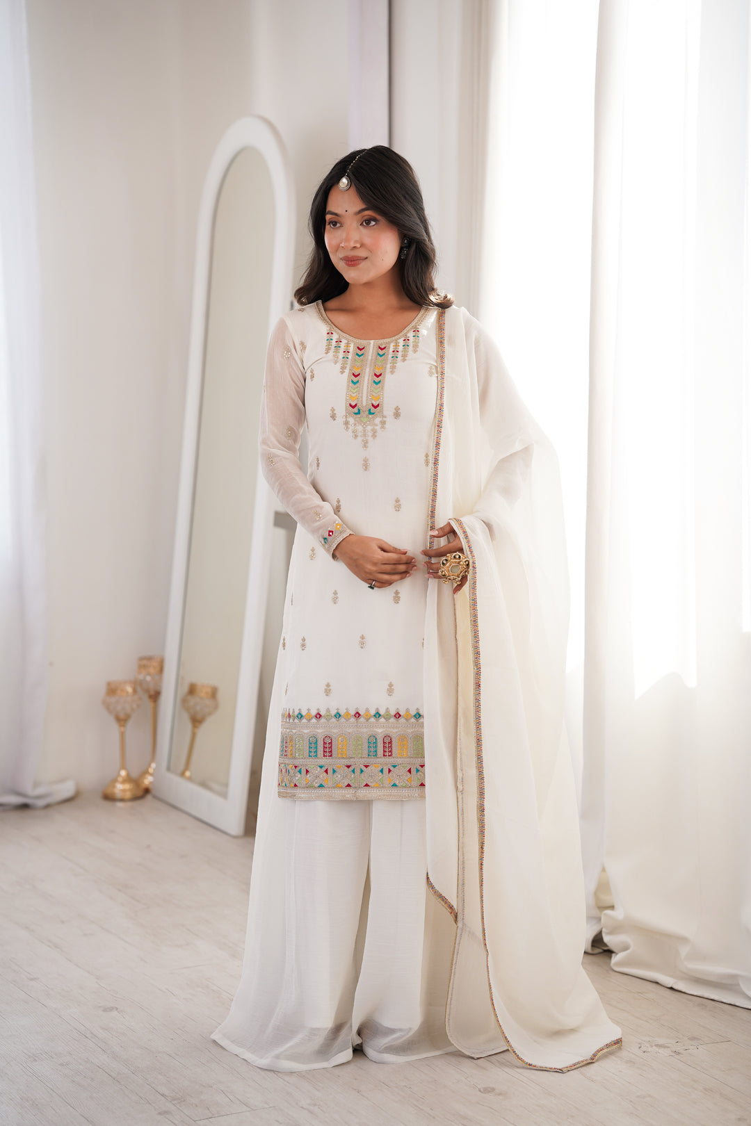 Designer White Crunchy Silk Embroidered Sharara Suit