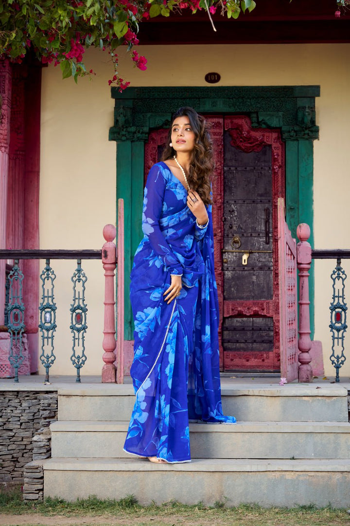 Bule Chiffon Floral Printed Saree Pearl Lace Border Matching Blouse