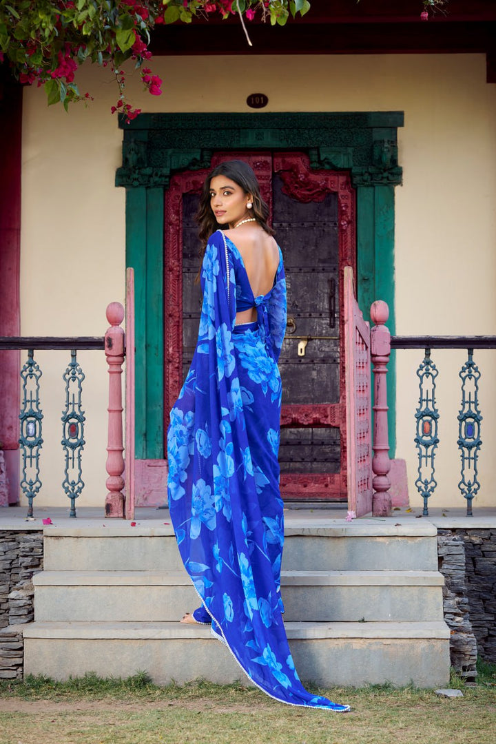 Bule Chiffon Floral Printed Saree Pearl Lace Border Matching Blouse
