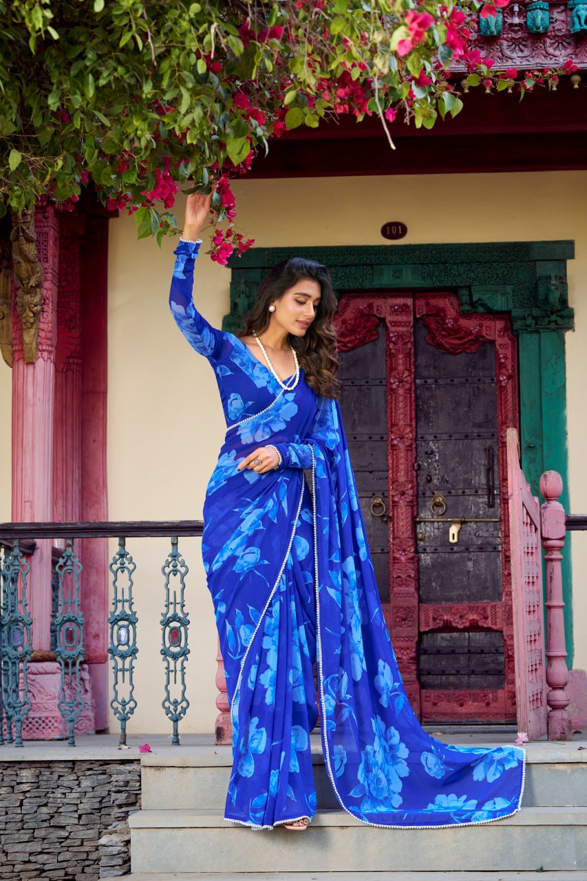 Bule Chiffon Floral Printed Saree Pearl Lace Border Matching Blouse