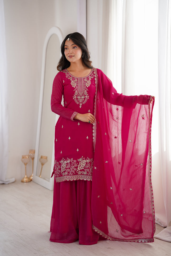 Rani Pink Silver Embroidered Silk Sharara Suit