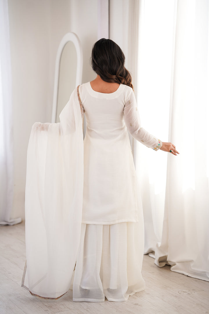 Designer White Crunchy Silk Embroidered Sharara Suit