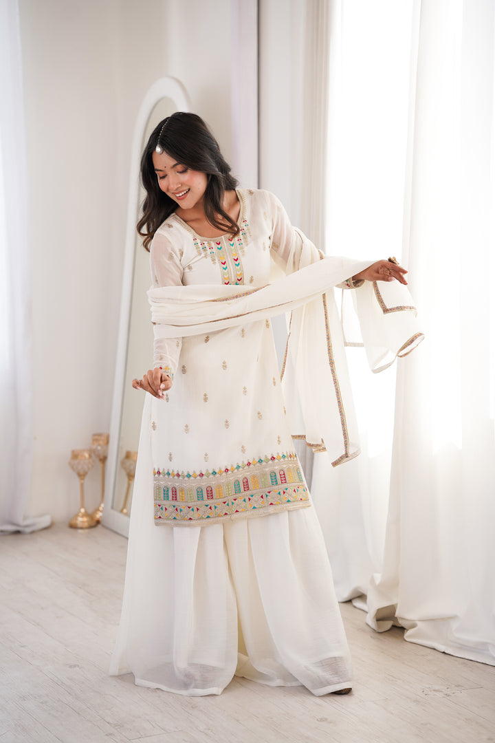 Designer White Crunchy Silk Embroidered Sharara Suit